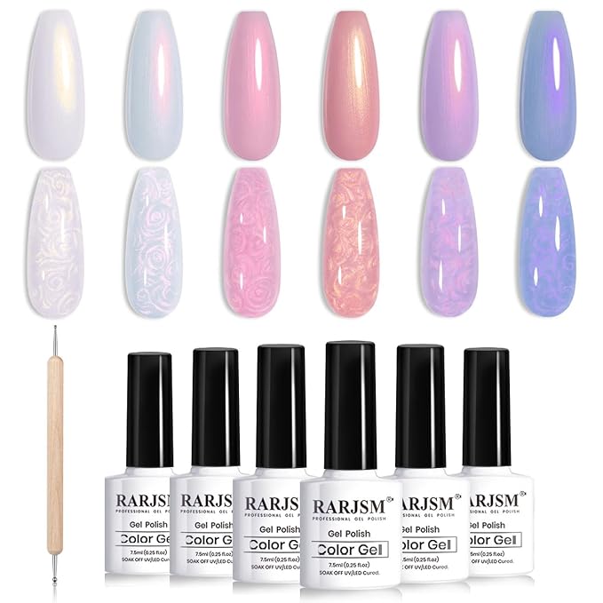 RARJSM Pearl Gel Nail Polish Set Iridescent Shell Glitter Gel Polish 6 Sunset Colors Light Purple Blue Pink Red Gold Shimmer Mermaid Swirl Thread Effect Soak Off Curing Requires Home Salon