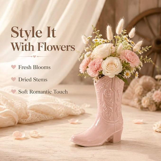 9.13 Inch Pink Ceramic Cowgirl Boot Vase, Unique Western Style Cowboy Boot Vase for Modern Country Home Decor, Wedding Table Centerpiece, Living Room, Bedroom, Office, Gift for Women