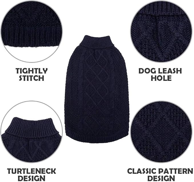 Mihachi Turtleneck Dog Sweater - Winter Coat Apparel Classic Cable Knit Clothes with Leash Hole for Cold Weather, Ideal Gift for Pet in New Year