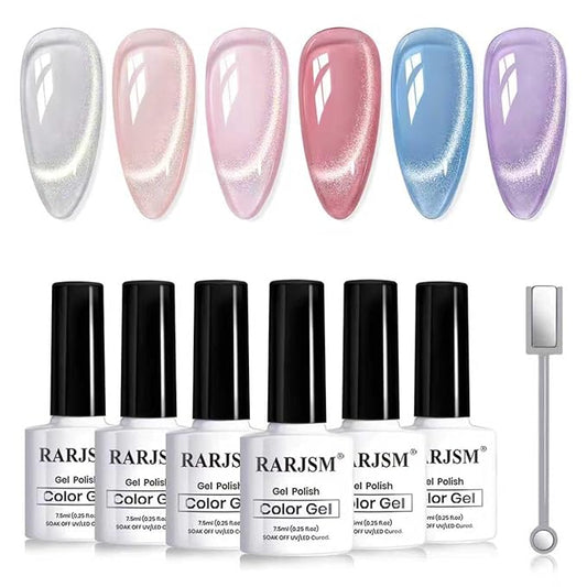 RARJSM Diamond Cat Eye Gel Nail Polish Set 6pcs Silver Pink Red Purple Blue Light Gold Glitter Sparkle Cateye Gelpolish with Magnet Stick Soak off Curing Requires Home Salon