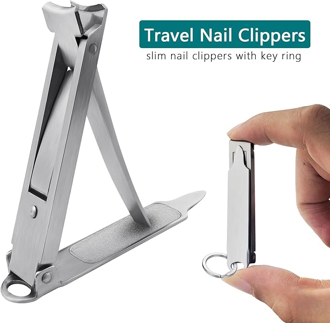 Ultra Thin Portable Fingernail Clipper Small Pocket Folding Nail Clippers, Wide Jaw Cutter with Keychain Curved Trimmer, Flip Open Brushed Finish (Small-Brushed)