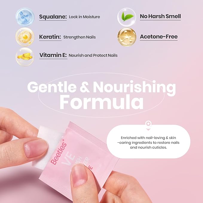 Beetles Acetone-Free Nail Polish Remover Pads - 50 Count Nail Scrubbers 2-in-1 Prep & Lacquer Remover Nail Polish Remover Wipes Travel-Friendly Fingernail Polish Remover with vitamin E