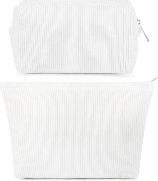SOIDRAM 2 Pcs Corduroy Makeup Bag Large Cosmetic Bag Toiletry Bag Makeup Pouch Travel Bag Organizer Cute Makeup Brushes Aesthetic Accessories Storage Bag for Women White