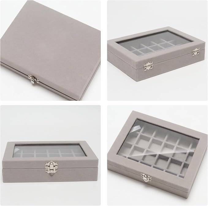 Small Velvet Jewelry Tray with Clear Lid, 24 Grids Gray | Lockable Ring Earring Holder Organizer Storage Box Case Jewelry Box Organizer for Rings Earrings Bracelets Brooches