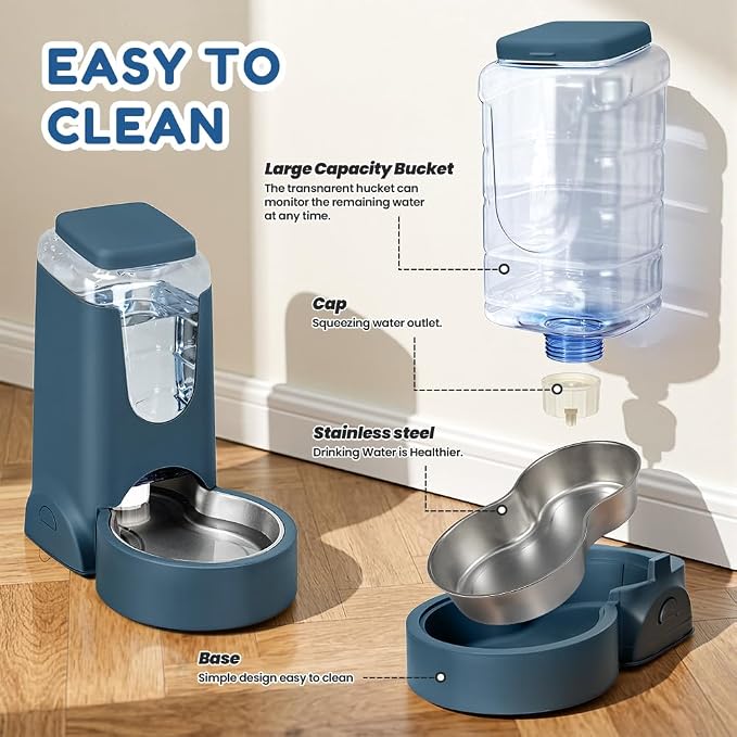 1 Gallon Automatic Cat Feeder Gravity Stainless Steel Water Dispenser Dog Feeder for Small Medium Puppy Kitten Pets Water Feeding Bowls, Dark Navy