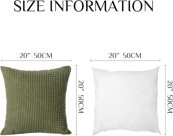 Softalker Corduroy Decorative Throw Pillow Covers 20x20, Set of 4, Green | Soft Boho Striped Pillow Cases, Couch Fluffy Cushion Covers for Farmhouse Home Decor Bed Living Room