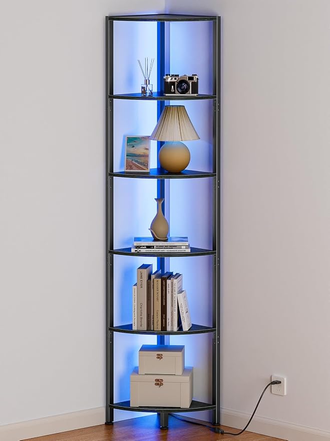 6 Tier Corner Shelf with LED Light, 67.5" Black Narrow Bookshelf | Tall Standing Shelf Organizer, Storage Rack for Wall Corner, Living Room, Bedroom, Metal Frame, Wood Display Shelf