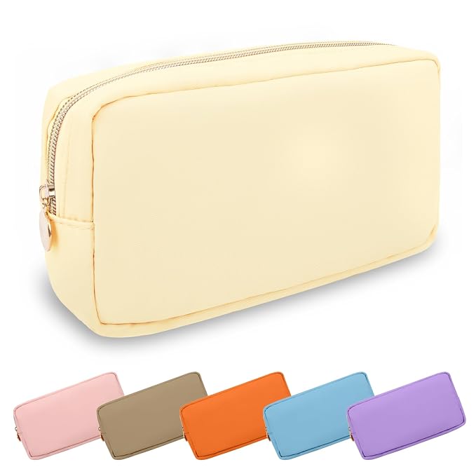 UIXIZQ Small Makeup Bag Pouch for Purse, Nylon Travel Toiletry Storage Bag Cute Preppy Cosmetic Bag for Women Girls, Waterproof Makeup Organizer Bag Pouch Skincare Bag Purse with Zipper (Small-Sand)