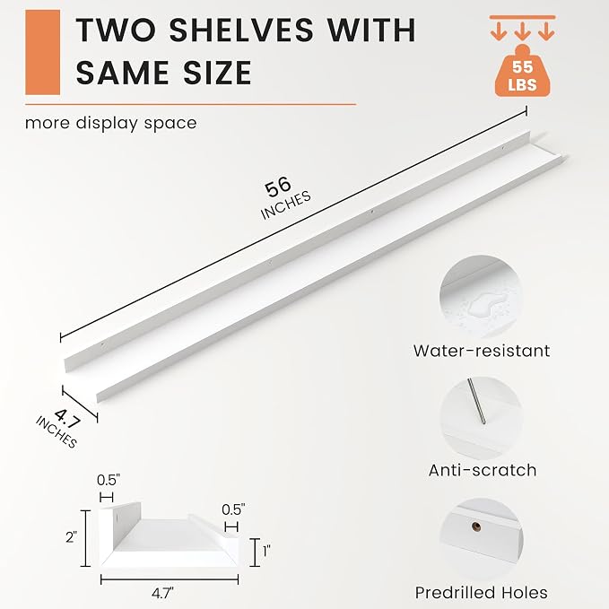Picture Ledge Shelf, Long Floating Shelves for Wall, 56" W Set of 2, White | FSC Certified Engineered Wood, Wall Mounted Bookshelf, for Nursery Living Room Bedroom, Easy Install