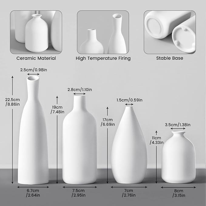White Ceramic Vase Set of 4,Modern Farmhouse Decorative Vases for Entryway Mantel Centerpiece Bookshelf Console Table