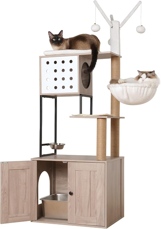 Cat Tree & Litter Box Enclosure,Modern All-in-one Indoor Cats Tower with Large Platform, Cat Condo with Wood House, Food Station, Hammocks (23.6”)