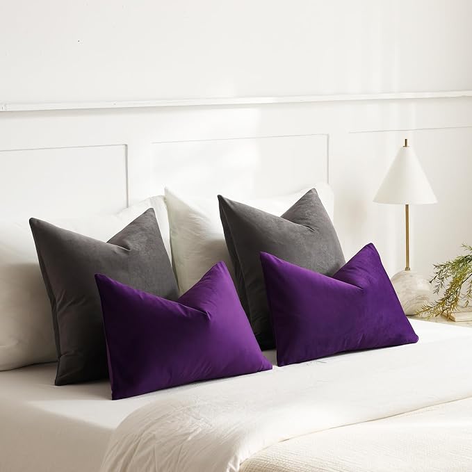 Lumbar Pillow Covers 12x20 Purple: Pack of 2 Cozy Soft Velvet Rectangular Modern Luxury Decorative Throw Pillow Cases for Sofa Couch Living Room Bed Home Decor