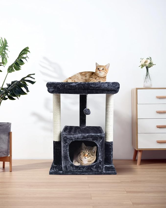 SYANDLVY 27IN Cat Tree for Indoor Cats Large Adult, Modern Activity Tower | Scratching Posts, Condo with Plush Perch, Climbing Stand with Spring Ball for Play, Smoky