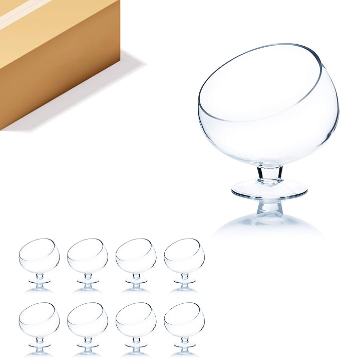 WGV Slant Cut Bowl Glass Vase Bulk with Stand, Width 6.5", Height 7", Clear Planter Terrarium, Candy Dish, Fruit Jar for Wedding Party Event, Home Office Decor, 8 Pieces