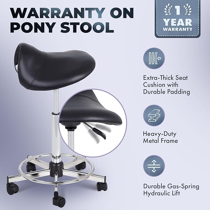 Pibbs 778 Pony Professional Cutting Stool for Salons - Adjustable Height 23"–33", Extra-Thick Upholstered Seat Cushion, Ergonomic Design for Back Relief, 5-Star Base with Smooth Casters, PIB-778