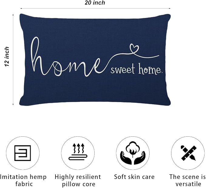 Home Sweet Home Quotes Farmhouse Pillow Covers 12x20 Inch,Farmhouse Decorative Lumbar Throw Pillow Case Cushion Cover,Housewarming Gift,Blue