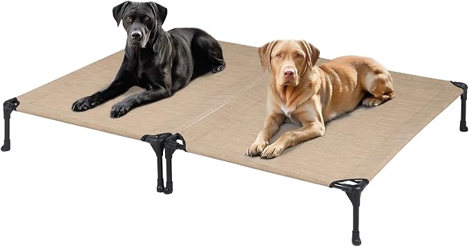 Veehoo 2 Pack Outdoor Elevated Dog Bed for Large Dogs, Cooling Raised Cots | Off-ground training platform, portable camping hammock, breathable mesh, easy to clean, 42"x30", Beige Coffee
