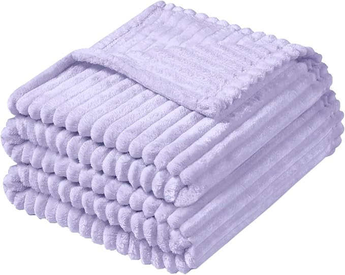 Vessia Flannel Fleece Throw Blanket for Couch,Sofa,Bed, 300GSM Striped Lavender Blanket for Adults and Kids, Super Soft Warm Cozy Lightweight Ribbed Lilac Throw for All-Season(Light Purple)
