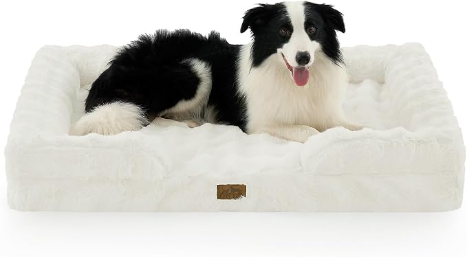 COZY KISS Faux Fur Orthopedic Dog Bed Washable for Extra Large Dogs, XL | Soft Warm Pet Sofa with Sides or Bolster, Non-Slip and Big Dog Couch with Removable Waterproof Cover, 44x32 inch, Beige