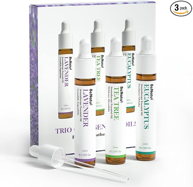 Benatu Essential Oils Set (Tea Tree Lavender Eucalyptus) for Home, Organic Relax Scent Aromatherapy Gift for Women and Men, Natural Fragrance for Skin Care, Body Topical Massage, Diffuser 3 Packs