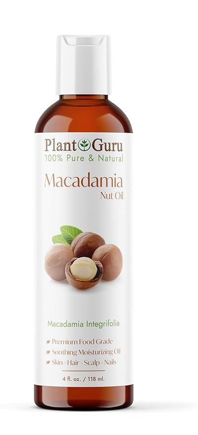 Plant Guru Macadamia Nut Oil 4 fl. oz. Cold Pressed 100% Pure Natural Carrier – Skin, Face, Body, and Hair Moisturizer. Ideal for DIY Creams, Lotions, and Lip Balms