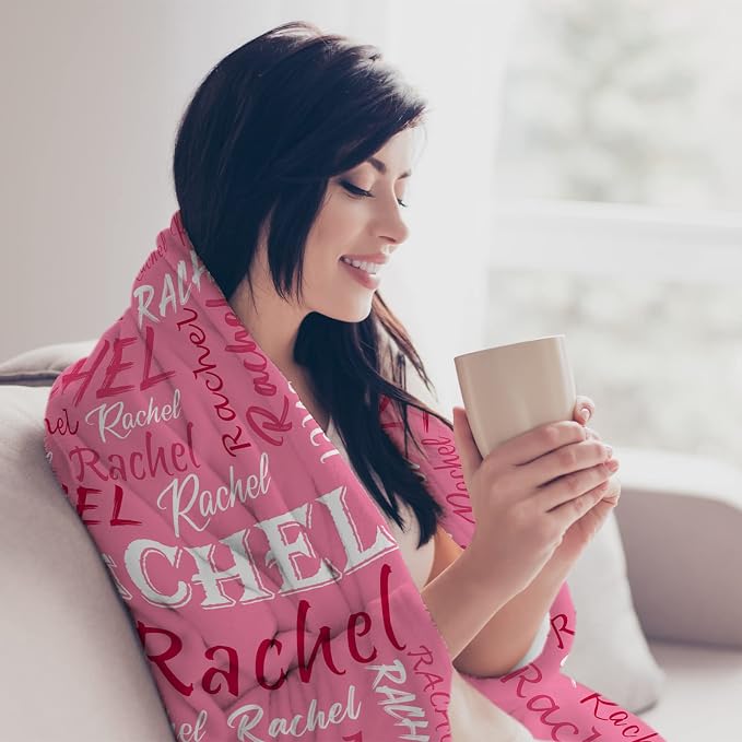 Personalized Name Throw Blanket, Custom Pink Theme Light Soft Flannel Fleece Throw Blanket with Names for Men Women Boys Girls Kids, Customized Name Gifts for Birthday Christmas Valentines Day