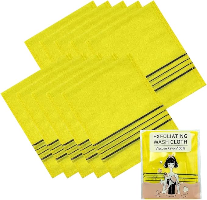 Exfoliating Bath Washcloth Yellow 10pcs, Korean Asian Exfoliating Mitt, Shower Glove, Removing Dry Dead Skin Cells, Cleaning Pores, Reusable, K-Beauty Body Care Item