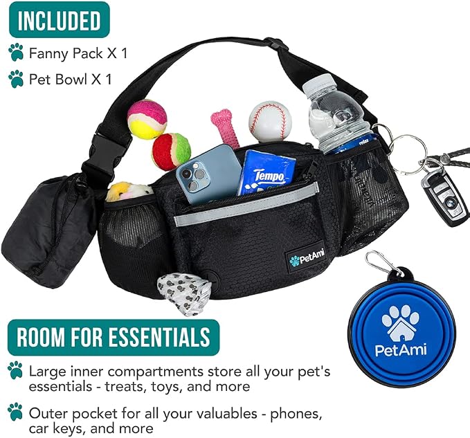 PetAmi Dog Fanny Pack, Treat Pouch for Dog Walking Training, Black | Built in Poop Bag Dispenser, Water Bottle Holder, Collapsible Bowl, Pet Treat Waist Belt for Hiking Running Kibbles