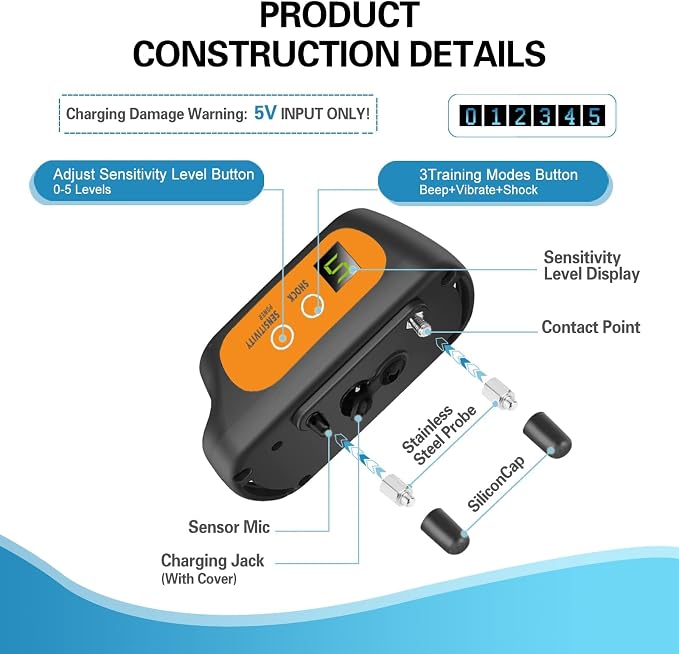 Dog Bark Collar for Large Medium Small Dogs, Rechargeable Smart Bark Collar, Anti Barking, Humane Dog Training Device with 5 Adjustable Sensitivity Beep Vibration