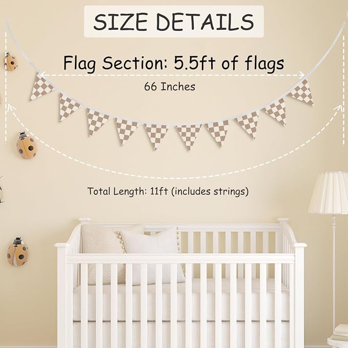 Boys Room Wall Art Decor,Cars Room Decor for Toddler Nursery Playroom,Brown and White Checkered Garland Pennant Banners,Racing Flags 11Ft Bunting Flags Fabric for Baby Shower Birthday Party