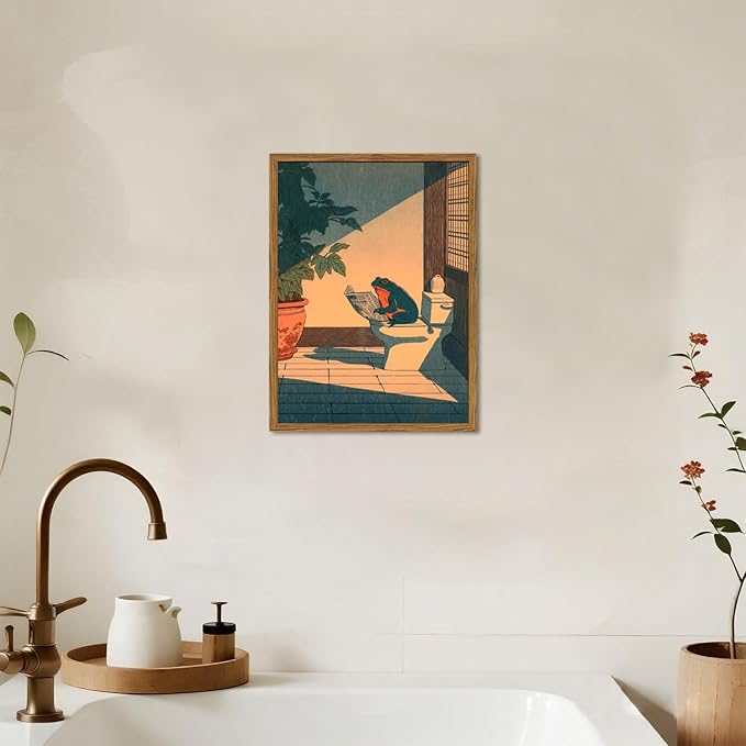 Funny Frog Bathroom Wall Art, Cute Japanese Frog in Toilet Wall Decor, Whimsical Green Animal Restroom Poster Canvas Painting Prints Artwork 12x16 inch Framed