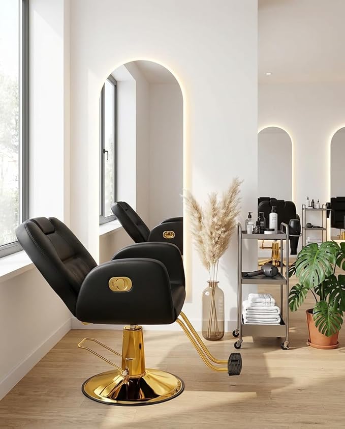 Baasha Ergonomic Black & Gold Salon Chair - 135° Reclining All Purpose Hydraulic Hair Chair for Hair Styling, Braiding, Makeup, Washing & Men's Shaving - 440 lbs Cap.