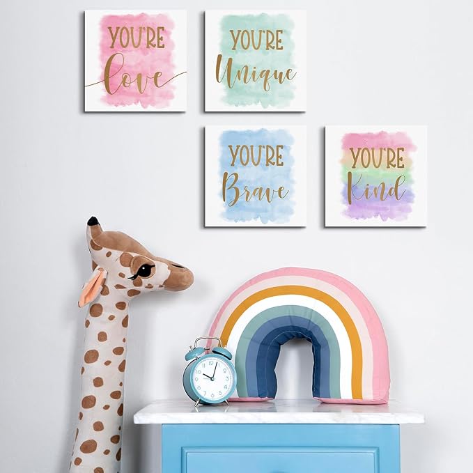 4 Pcs Watercolor Girls Room Decor Posters Wall Art, Girls Room Wall Decor | Posters for Teen Girl, Girl's Aesthetic Framed Posters Art Prints Artwork for Bedroom Rooms Playroom Decor 8 x 8 Inch