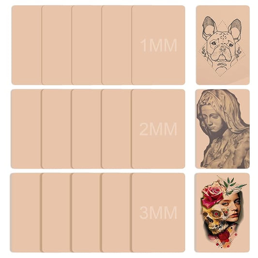 Tattoo Practice Skin Sheets, 8x6 Inch Fake Skin 15-Pack with 1mm/2mm/3mm Thickness - Realistic Feel Reusable Silicone for Tattoo Training, Beginners & Professional Artists