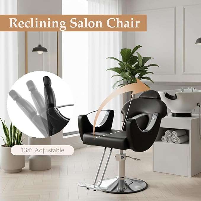 Black Salon Chair for Hair Stylist, Professional Barber Chairs Barbershop Hair Stylist Chair w/Heavy Duty Hydraulic Pump, 360° Braiding Styling Hairdresser Chairs for Spa Home Euipment, Sliver Black
