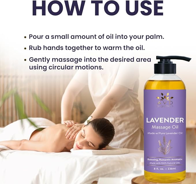 AVD Organics Lavender Massage Oil 236 ml| 100% Pure & Natural | for Men & Women | Sore Muscles Body Massage | Soothing Blend of Natural Oils for Therapeutic and Aromatherapy | 8 fl.oz