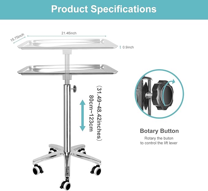 Premium Extra Large Salon Tray Medical Tray Mayo Stand with Brake Wheels