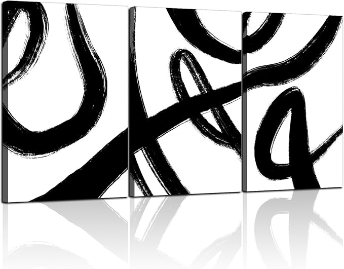 3Pcs Framed Abstract Black and White Canvas Wall Art Minimalist Brushstroke Line Prints Modern Home Gallery Style Picture Painting Posters Bedroom Living Room Office 16x24 Inch Ready to Hang
