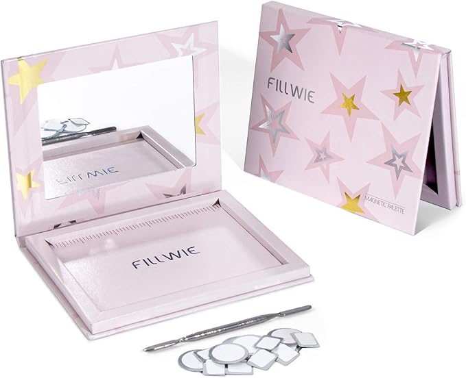 Magnetic Empty Makeup Palette with Mirror – Customizable Refillable Case for Eyeshadow, Blush, Lipstick, Highlighter – Lightweight, Waterproof, with Spatula & 20 Metal Stickers (Pink, Medium)