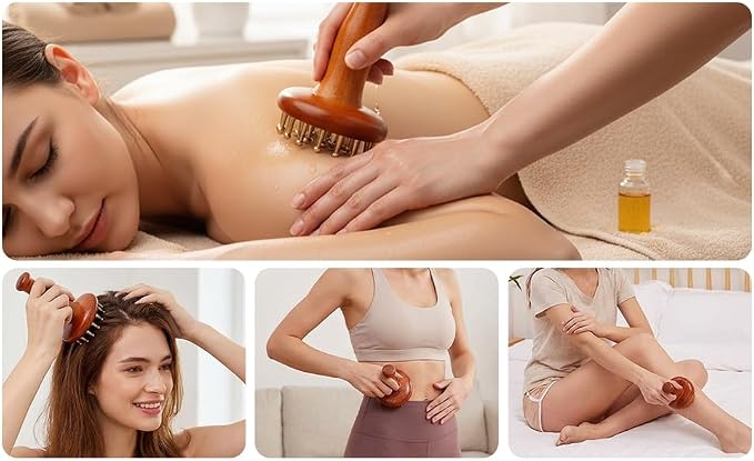 29-Teeth Wooden Handle Copper Head Massage Comb and Sandalwood Triangle Massager, Body & Scalp Gua Sha Tools Set for Meridian Acupressure, Stress Relief, Cellulite Remover