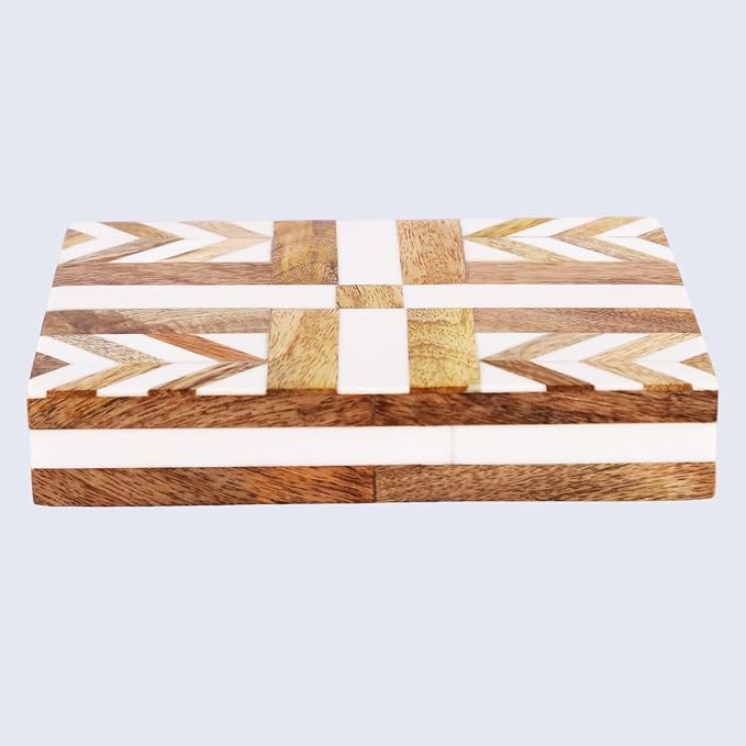 Handicrafts Home White Decorative Storage Box with Lid Wooden Desk Organizer Box Office Storage Box for Workspace Desk Decor Organizer – Resin Inlay Patisserie Adorn Collection- 8x6x1.5