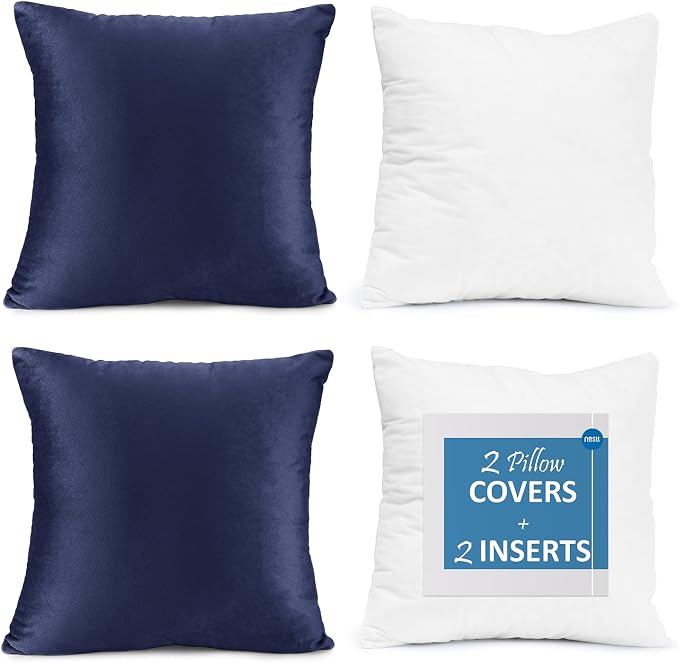 Throw Pillow Inserts Pack of 2 with Velvet Soft Solid Decorative Square Throw Pillow Covers Set for Sofa Couch Car Bedroom, 24X24 Throw Pillows Inserts with 22x22 Washable Cushion Covers, Royal Blue