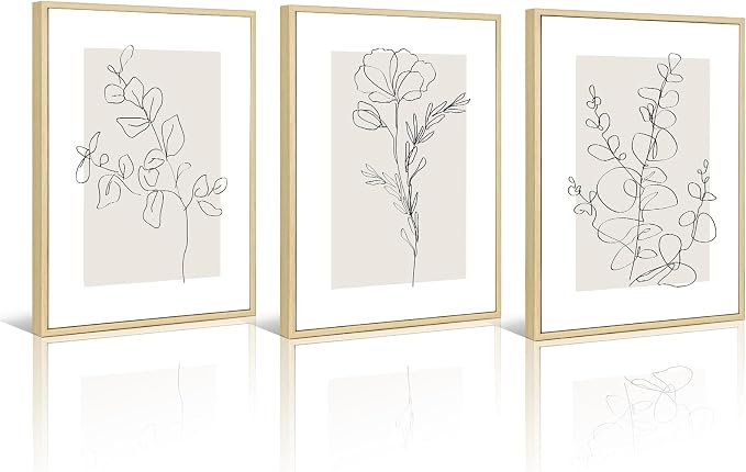 Neutral Botanical Prints Wall Art Flower Minimalist Canvas Wall Decor Vintage Line Wall Art Floral Plant Painting Pictures Beige Boho Artwork Farmhouse Poster for Bedroom 12x16 Inch Framed Set of 3