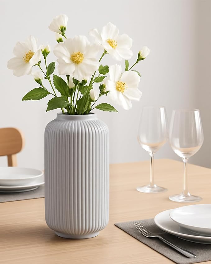 White Ceramic Vase, 8 Inch Modern Flower Vase for Bouquet and Pampas Grass, Matte Frosted Large Opening Decorative Vase for Farmhouse Table, Shelf Decor