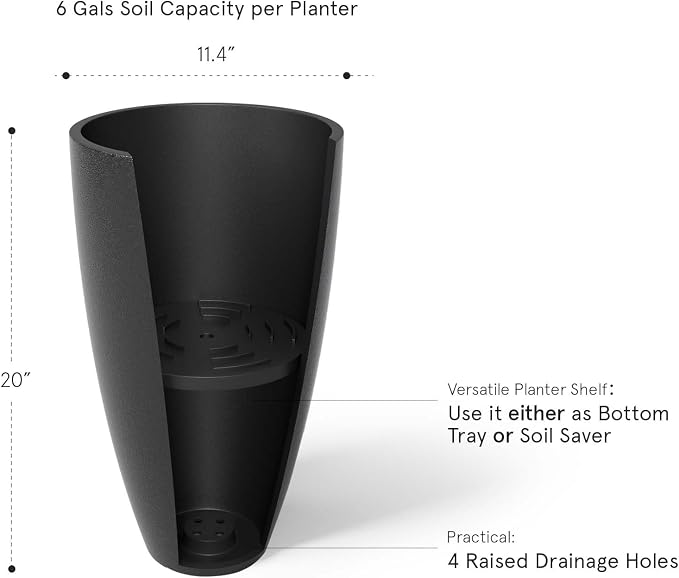 LA JOLIE MUSE Tall Round Outdoor Planters with Shelf Insert, 20 Inch, Black | Set of 2, Large Flower Pots with Drainage Holes and Tray, Modern Planter for Front Doors, Balconies, Gardens, Patios, Deck
