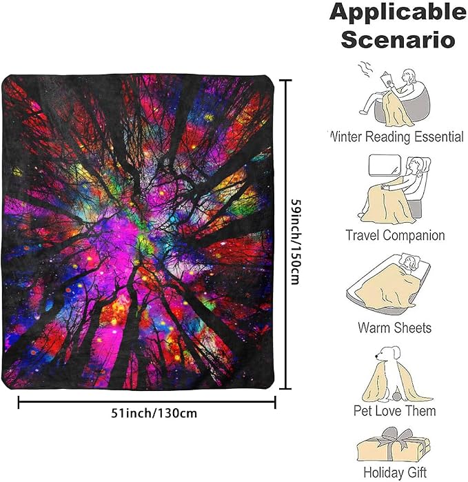 Blacklight Galaxy Forest Throw Blankets UV Reactive Night Sky Throw Blanket Glow in the Dark Under Black Lights Game Room Decor Soft Throw Gifts 59x51 Inches