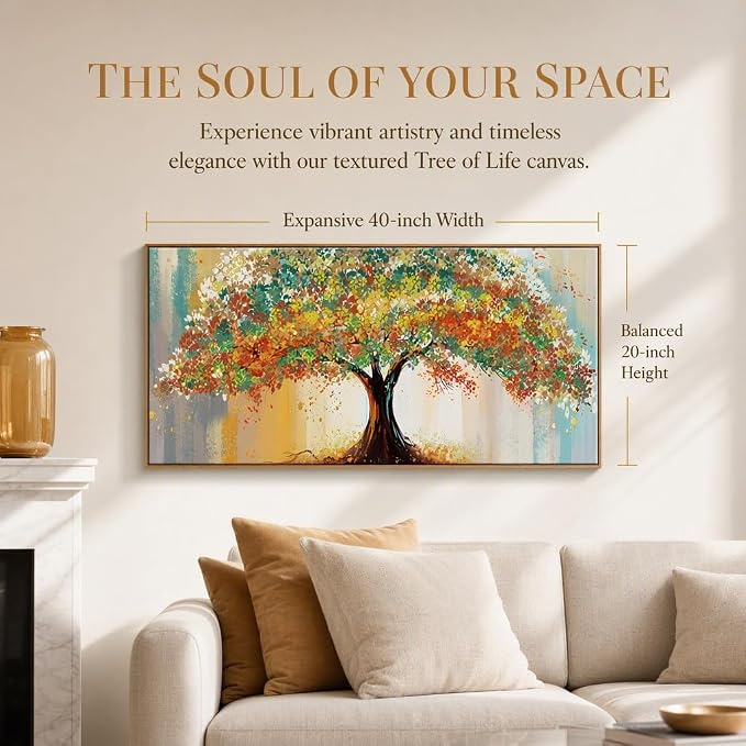 Framed Wall Art for Living Room, Abstract Colorful Tree Prints, 20x40 Inch | Solid Wood Frame, Ready to Hang, Modern Paintings, Long Pictures, Large Decor for Bedroom, Office, Above Bed