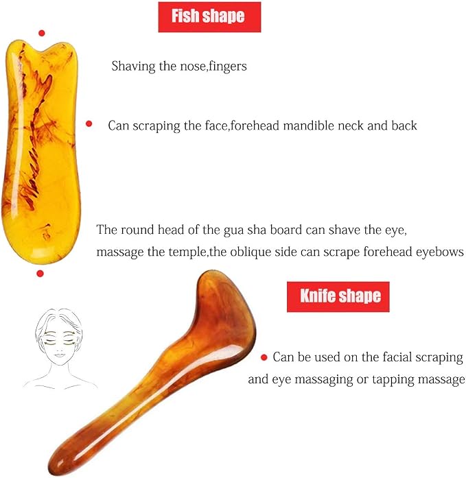 7 Pack Gua Sha Scraping Massage Facial Tools Kit, ResinGuasha Scraper Board Health Care Beauty Scrape Plate with Flax Bag for Face Body Leg Back Care Physical Acupuncture Deep Tissue Therapy (Amber)