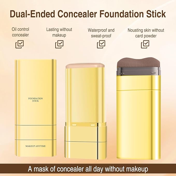 Luminous Dual-Ended Concealer Foundation Stick,Korean 3-in-1 Foundation Stick with Concealer & Brush,Double Head Foundations Make up Sticks,Full Coverage Korean Makeup Skin Tint(#03 Natural Color)