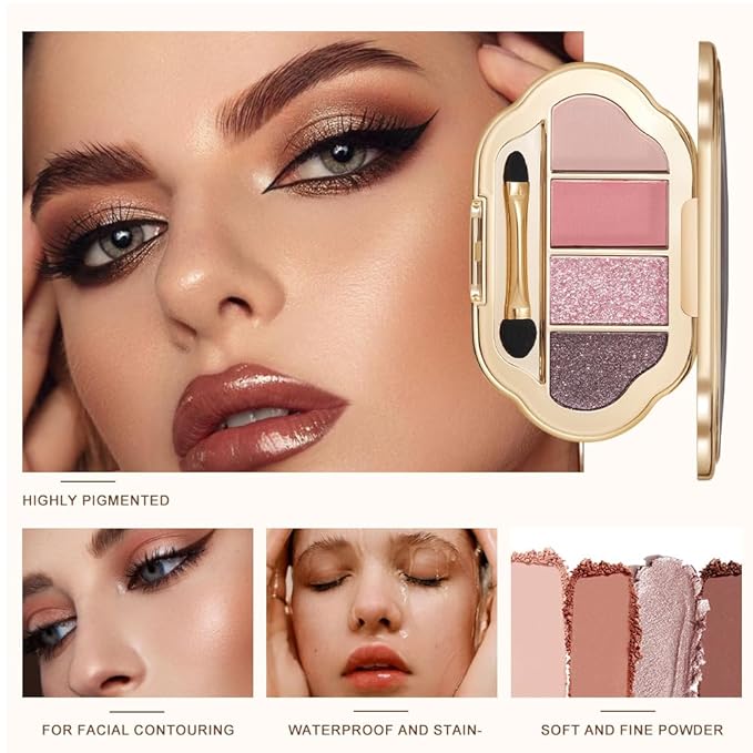 4 Colors Neutral Nude Matte & Shimmer Eyeshadow Palette, Pink Rose Plum Brown Neutral-Warm Mattes Glitter Eye shadow Contour Makeup Palette for Mature Women, Blue Green Eyes, Daily Natural Makeup.